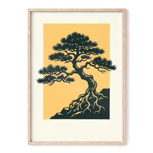 Pine on Amber, green, orange, beige nature wall art, front artwork view
