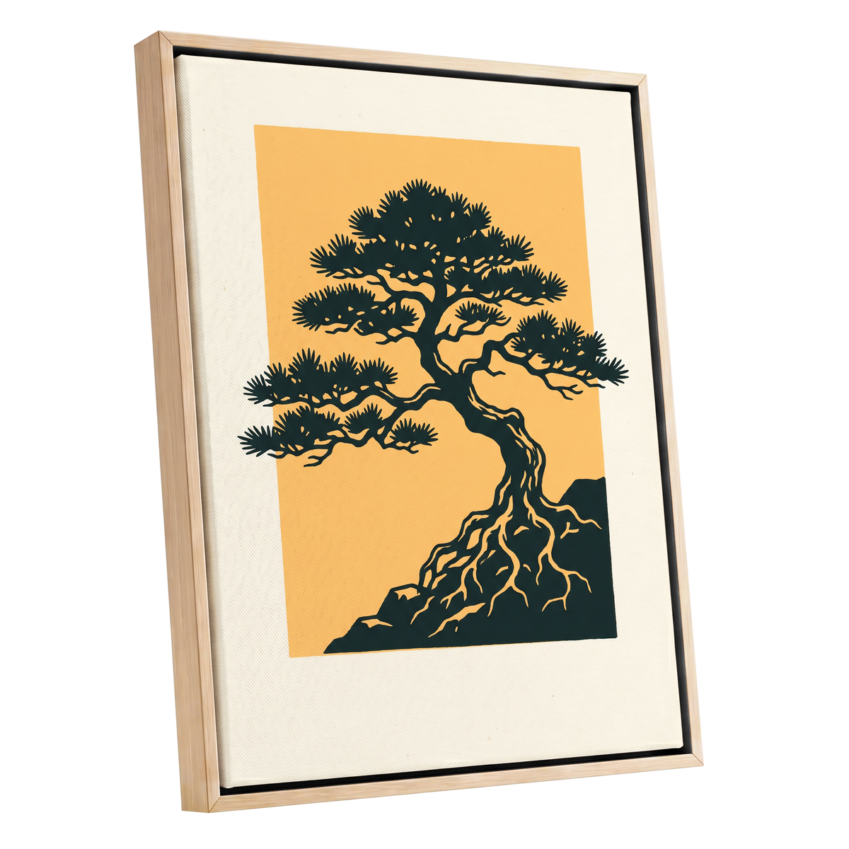 Pine on Amber, green, orange, beige nature wall art shown as a oak framed canvas wall art