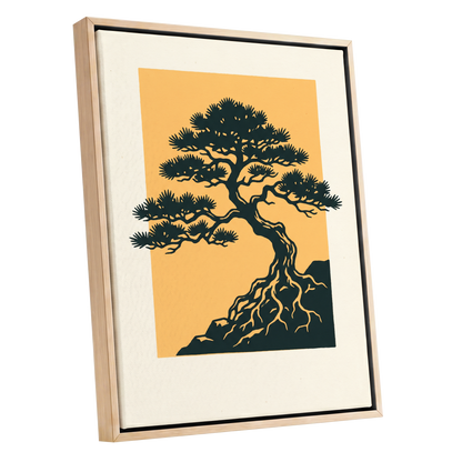 Pine on Amber, green, orange, beige nature wall art shown as a oak framed canvas wall art