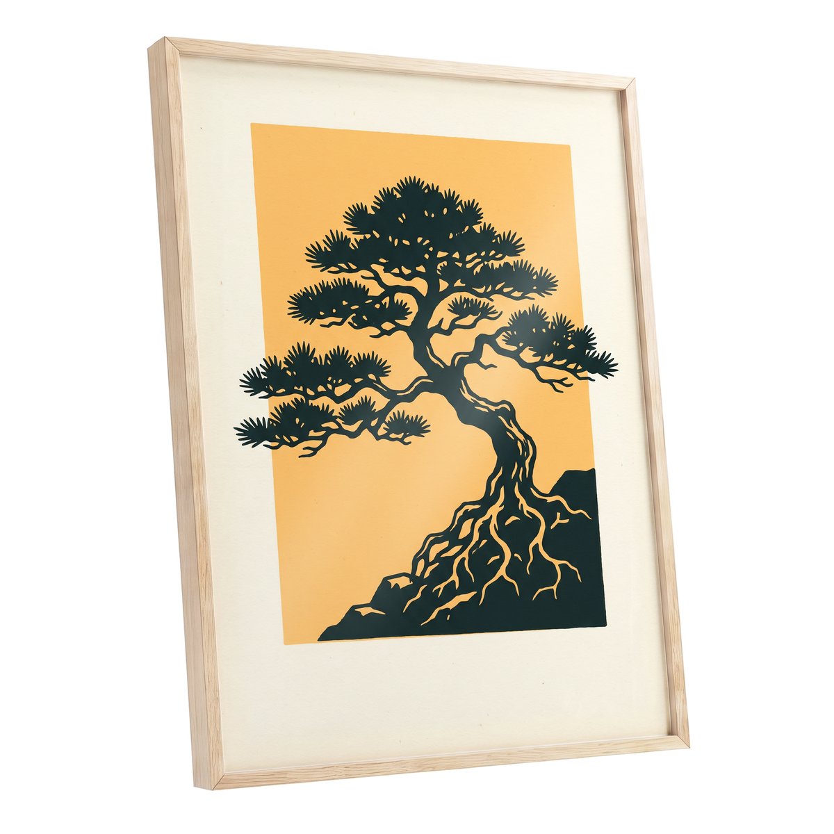 Pine on Amber, green, orange, beige nature wall art shown as a oak framed poster wall art print