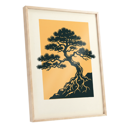 Pine on Amber, green, orange, beige nature wall art shown as a oak framed poster wall art print