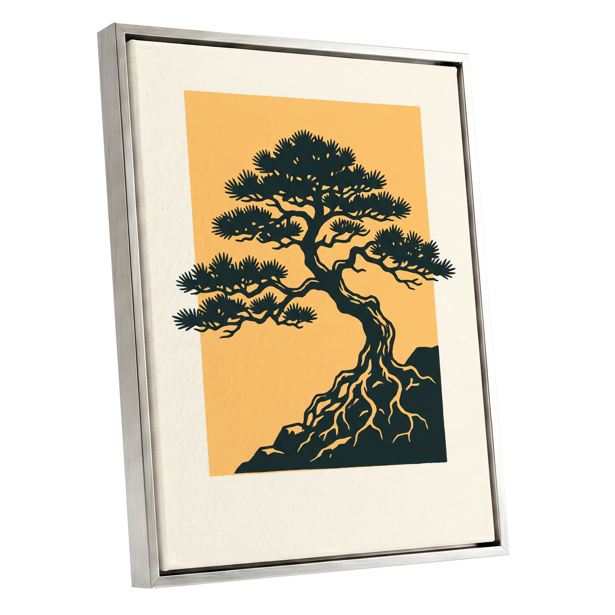 Pine on Amber, green, orange, beige nature wall art shown as a silver framed canvas wall art
