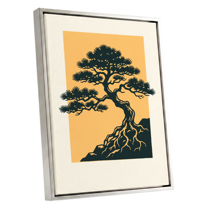 Pine on Amber, green, orange, beige nature wall art shown as a silver framed canvas wall art