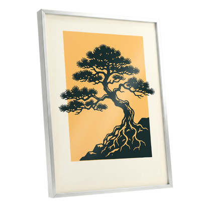 Pine on Amber, green, orange, beige nature wall art shown as a silver framed poster wall art print