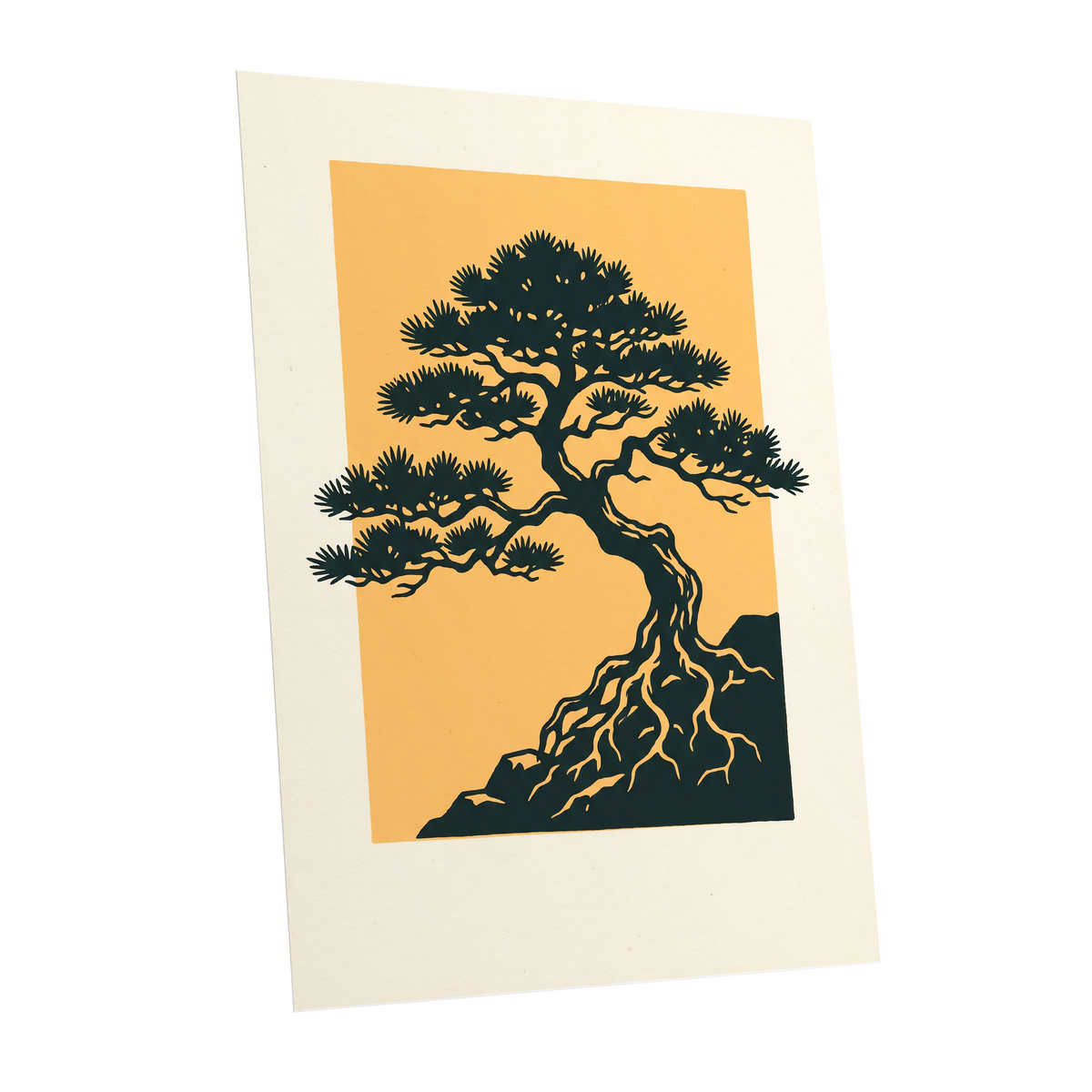 Pine on Amber, green, orange, beige nature wall art shown as a unframed poster wall art print