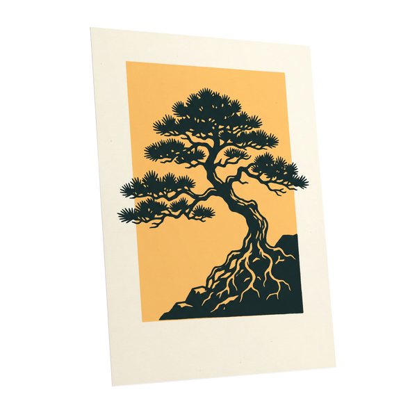 Pine on Amber, green, orange, beige nature wall art shown as a unframed poster wall art print