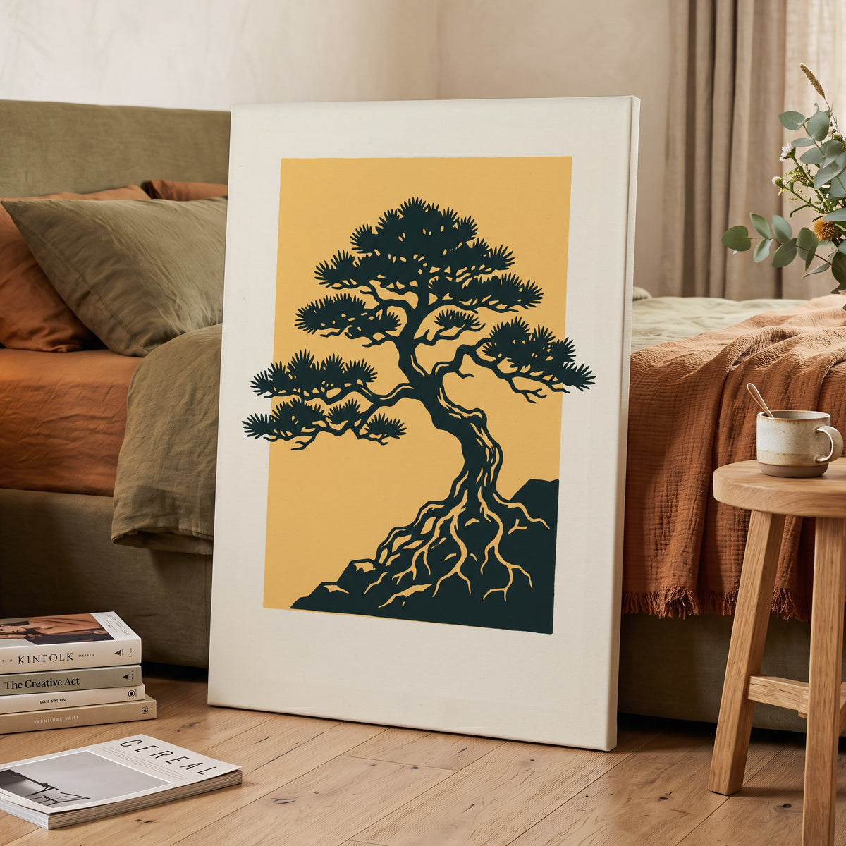 Pine on Amber, green, orange, beige nature wall art displayed in a styled interior, gallery view 3