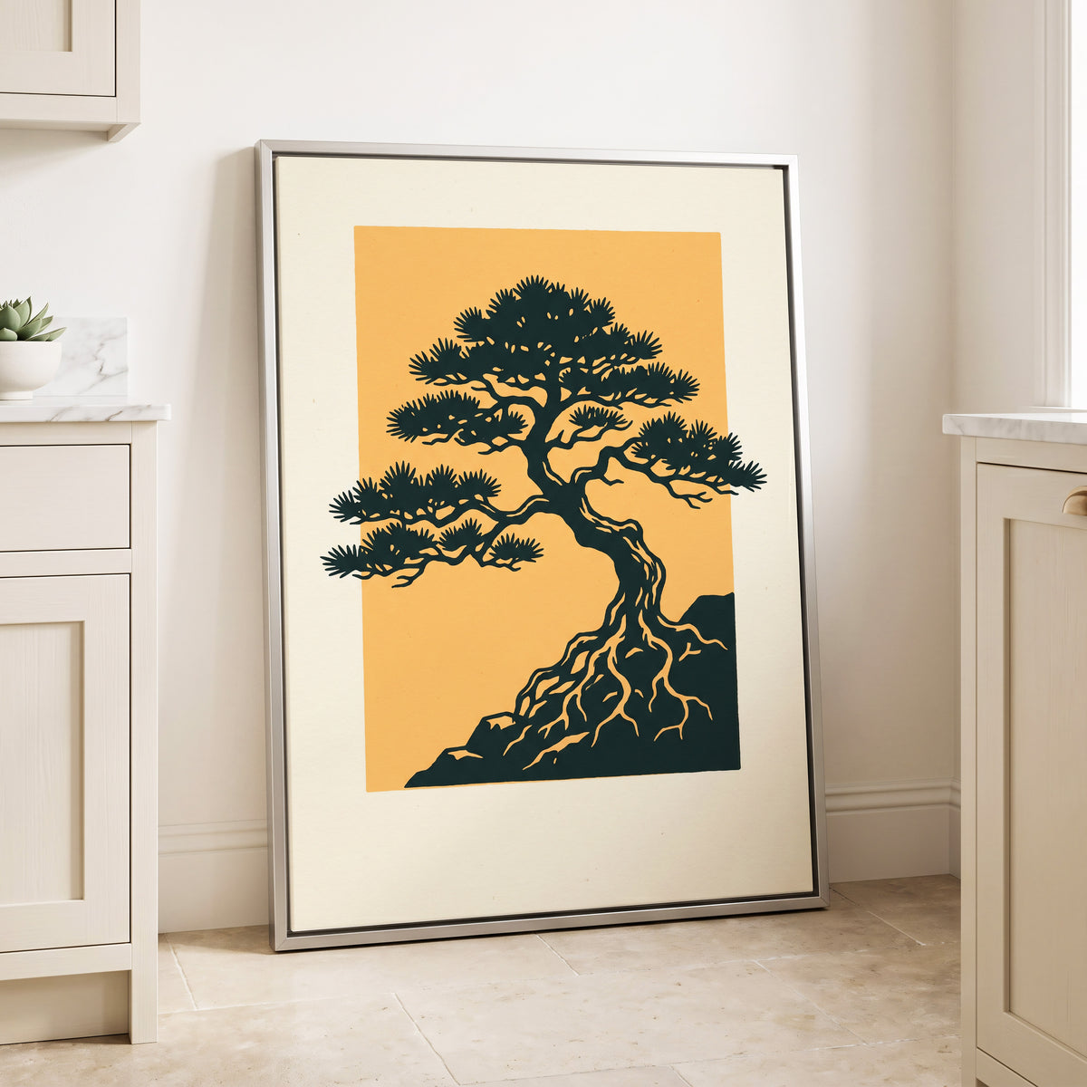 Pine on Amber, green, orange, beige nature wall art displayed in a styled interior, gallery view 4
