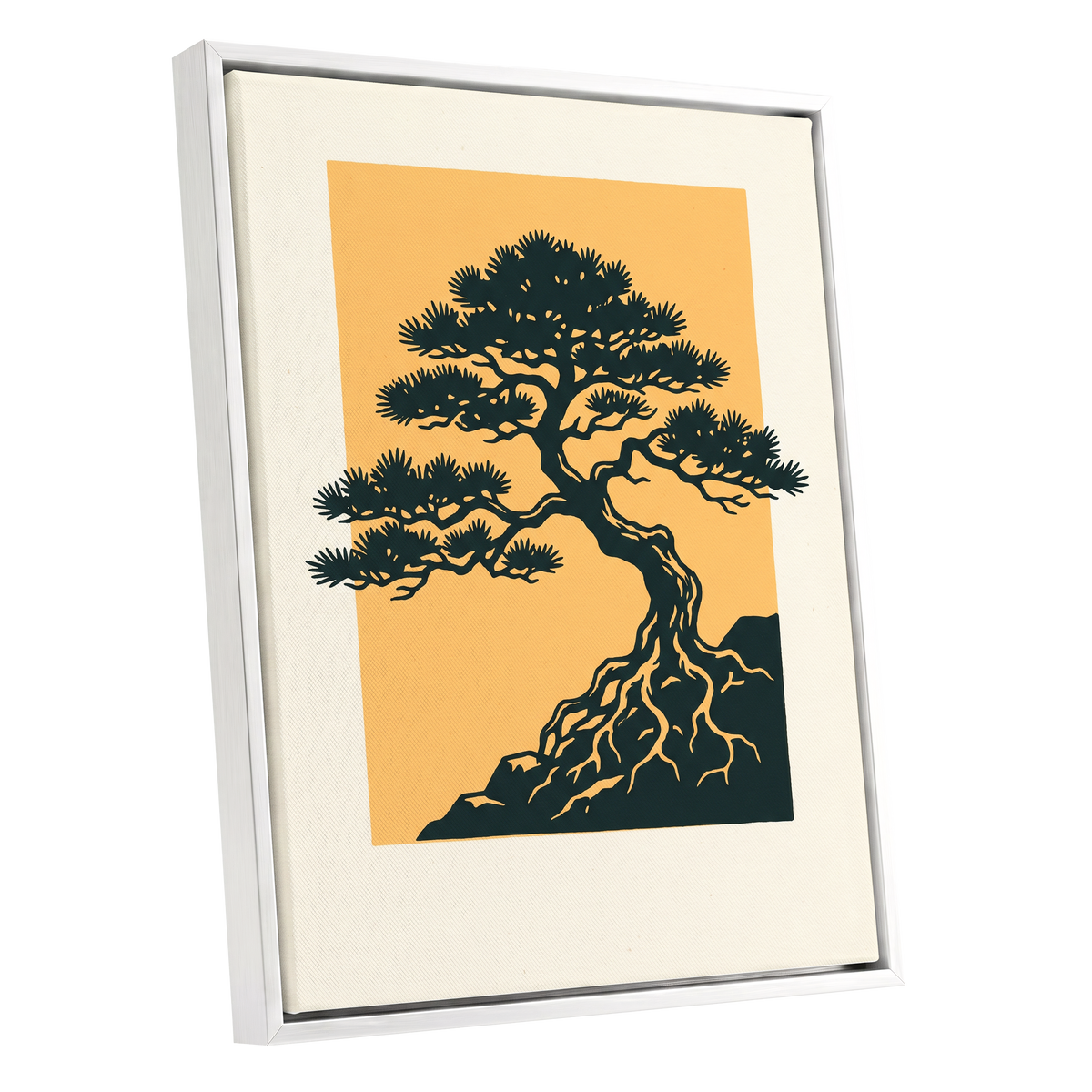 Pine on Amber, green, orange, beige nature wall art shown as a white framed canvas wall art