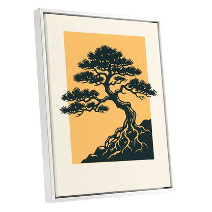 Pine on Amber, green, orange, beige nature wall art shown as a white framed canvas wall art