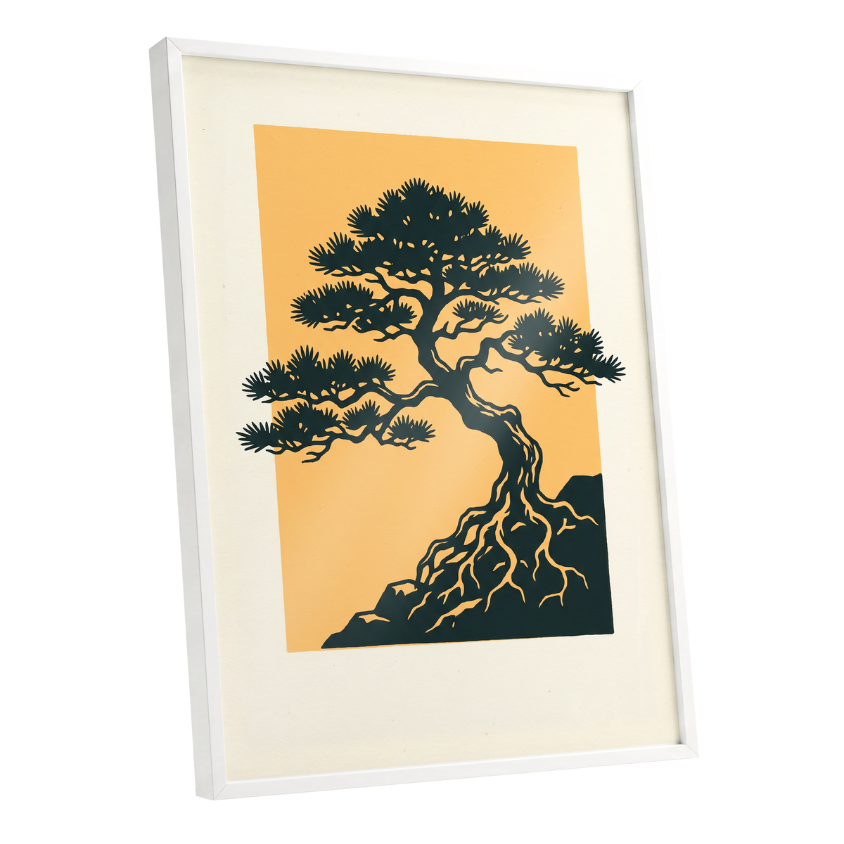 Pine on Amber, green, orange, beige nature wall art shown as a white framed poster wall art print