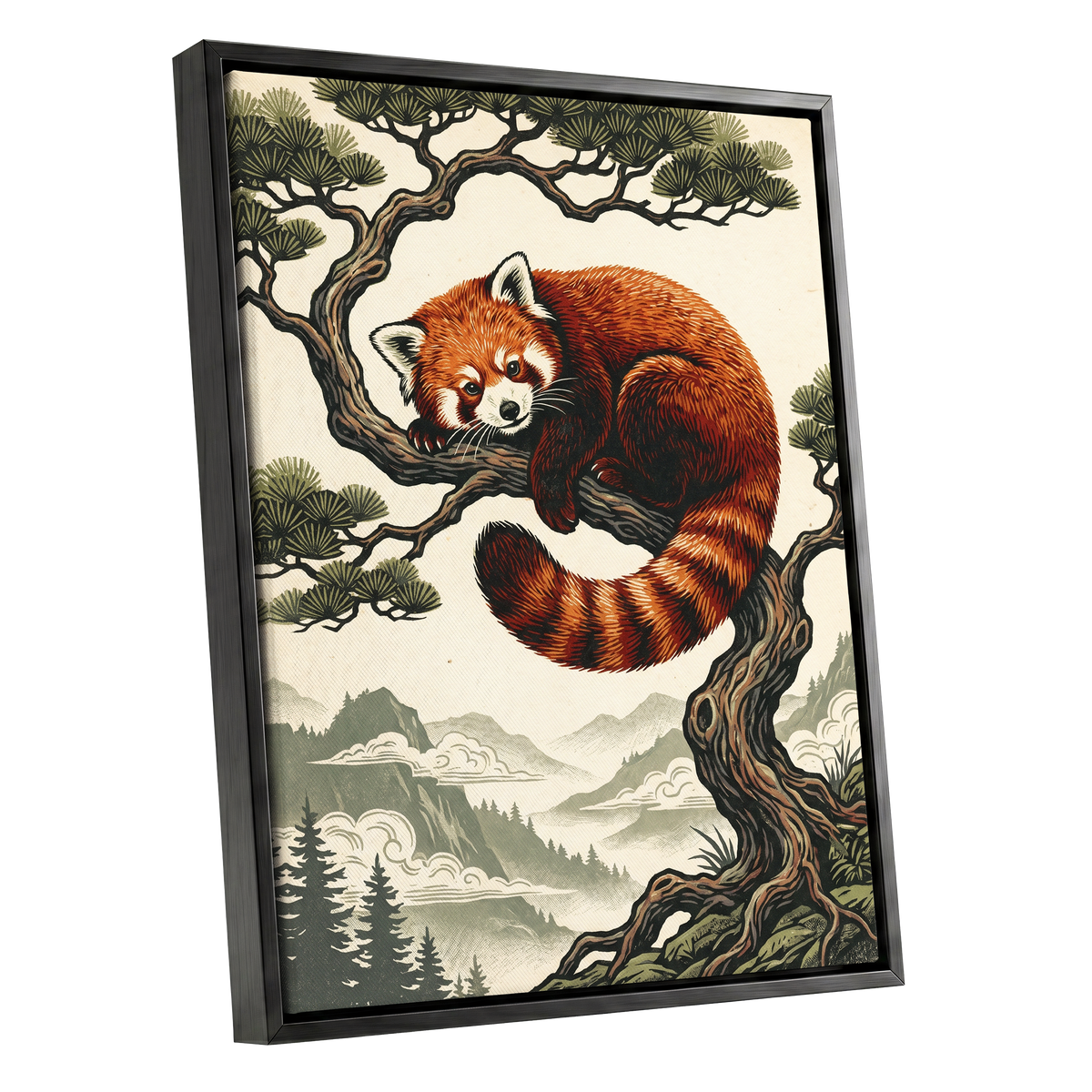 Pine Perch Panda, orange, black, beige nature wall art shown as a black framed canvas wall art