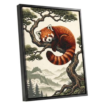 Pine Perch Panda, orange, black, beige nature wall art shown as a black framed canvas wall art
