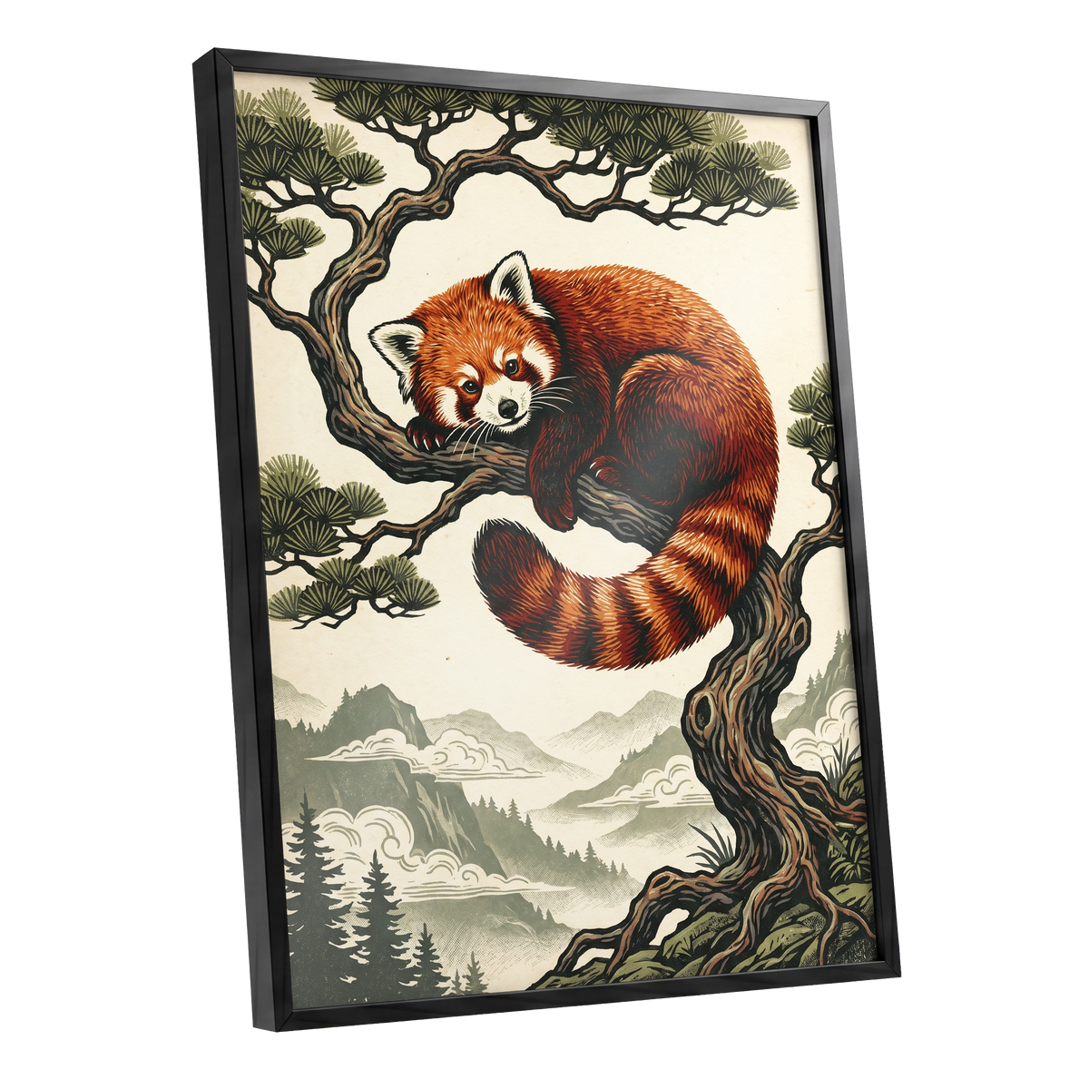 Pine Perch Panda, orange, black, beige nature wall art shown as a black framed poster wall art print