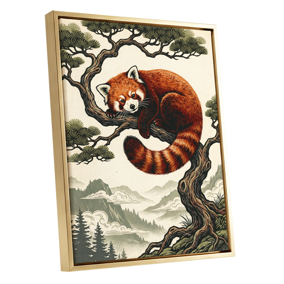Pine Perch Panda, orange, black, beige nature wall art shown as a gold framed canvas wall art