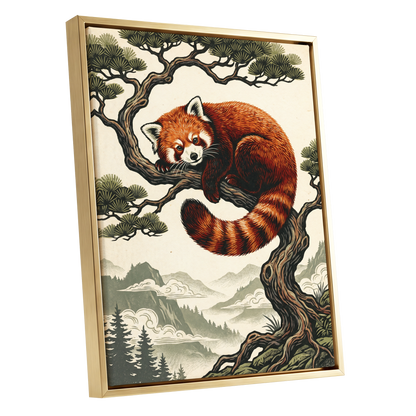 Pine Perch Panda, orange, black, beige nature wall art shown as a gold framed canvas wall art
