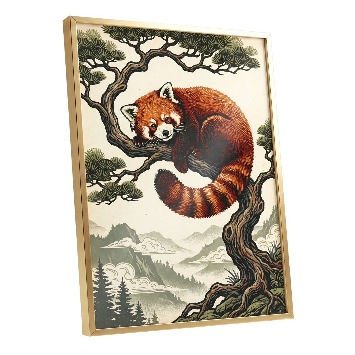 Pine Perch Panda, orange, black, beige nature wall art shown as a gold framed poster wall art print
