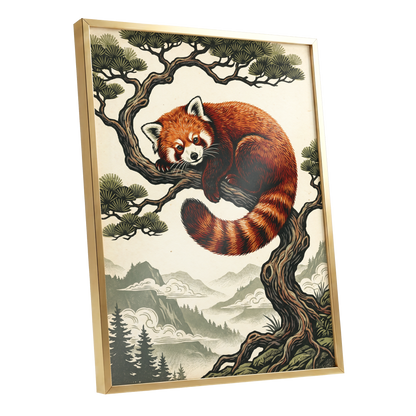 Pine Perch Panda, orange, black, beige nature wall art shown as a gold framed poster wall art print