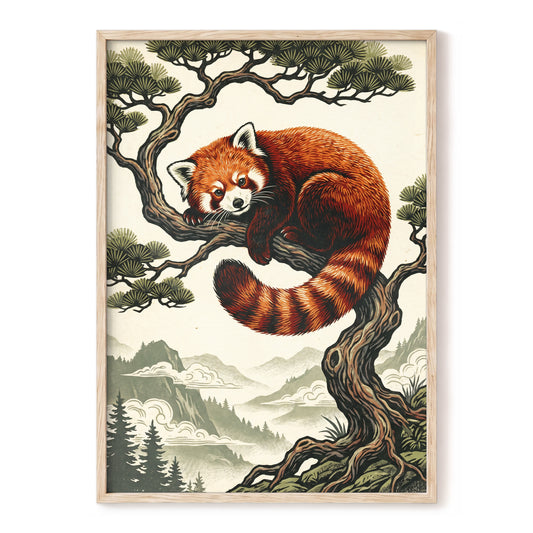 Pine Perch Panda, orange, black, beige nature wall art, front artwork view