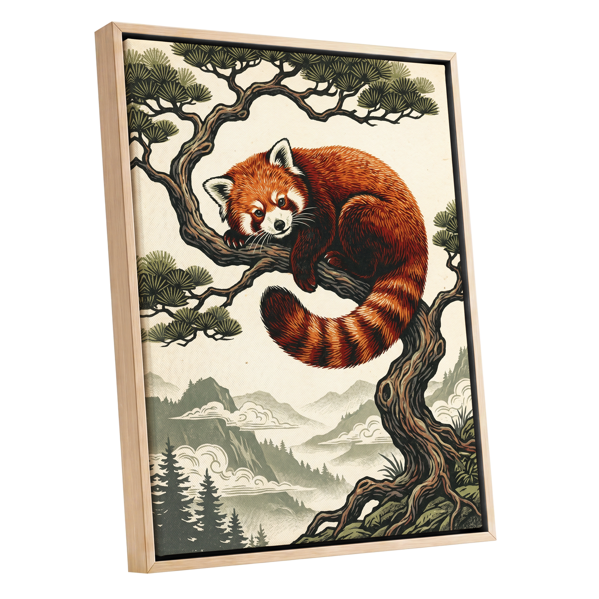Pine Perch Panda, orange, black, beige nature wall art shown as a oak framed canvas wall art