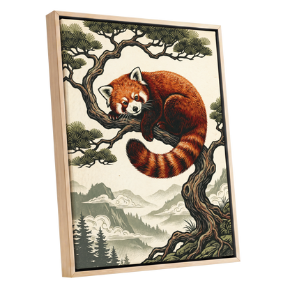 Pine Perch Panda, orange, black, beige nature wall art shown as a oak framed canvas wall art