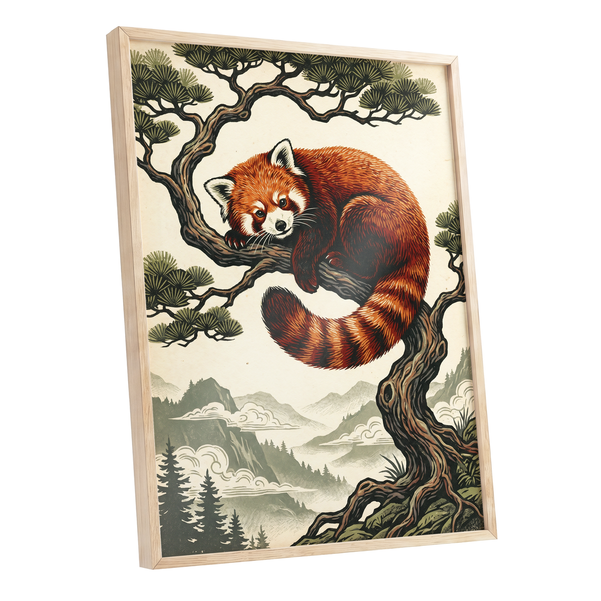 Pine Perch Panda, orange, black, beige nature wall art shown as a oak framed poster wall art print