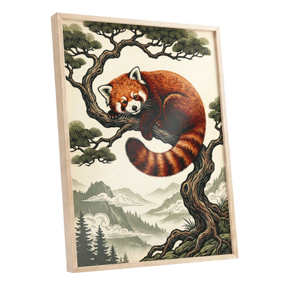 Pine Perch Panda, orange, black, beige nature wall art shown as a oak framed poster wall art print