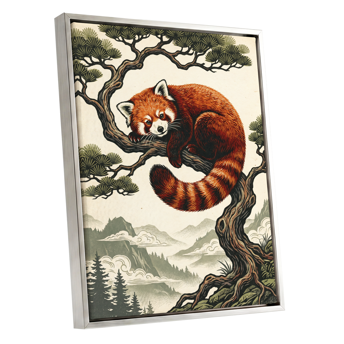Pine Perch Panda, orange, black, beige nature wall art shown as a silver framed canvas wall art
