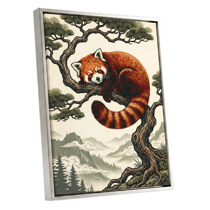 Pine Perch Panda, orange, black, beige nature wall art shown as a silver framed canvas wall art