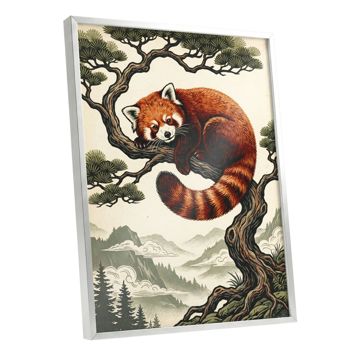 Pine Perch Panda, orange, black, beige nature wall art shown as a silver framed poster wall art print