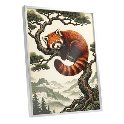 Pine Perch Panda, orange, black, beige nature wall art shown as a silver framed poster wall art print