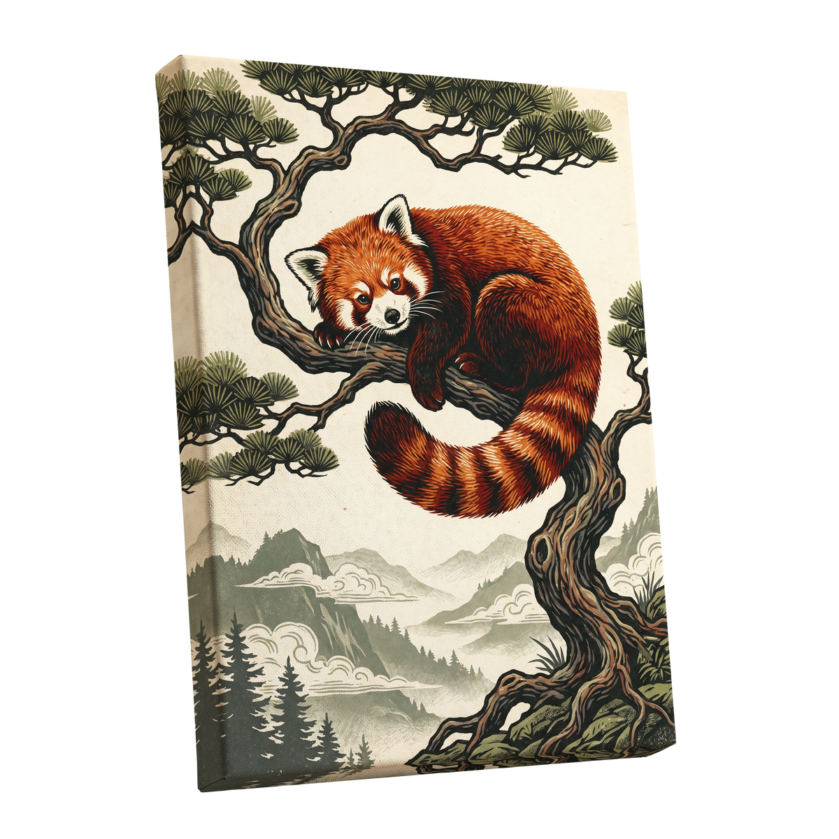 Pine Perch Panda, orange, black, beige nature wall art shown as a stretched canvas wall art