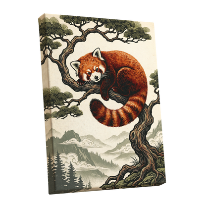 Pine Perch Panda, orange, black, beige nature wall art shown as a stretched canvas wall art