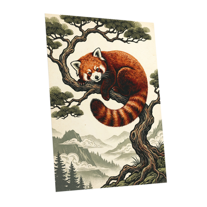 Pine Perch Panda, orange, black, beige nature wall art shown as a unframed poster wall art print