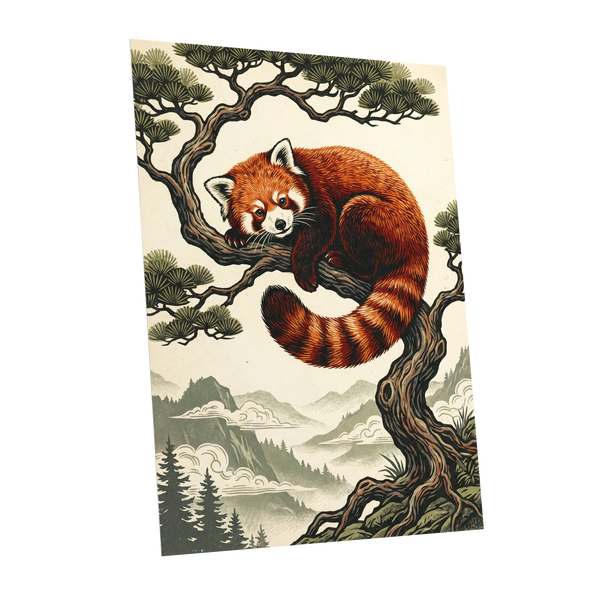 Pine Perch Panda, orange, black, beige nature wall art shown as a unframed poster wall art print