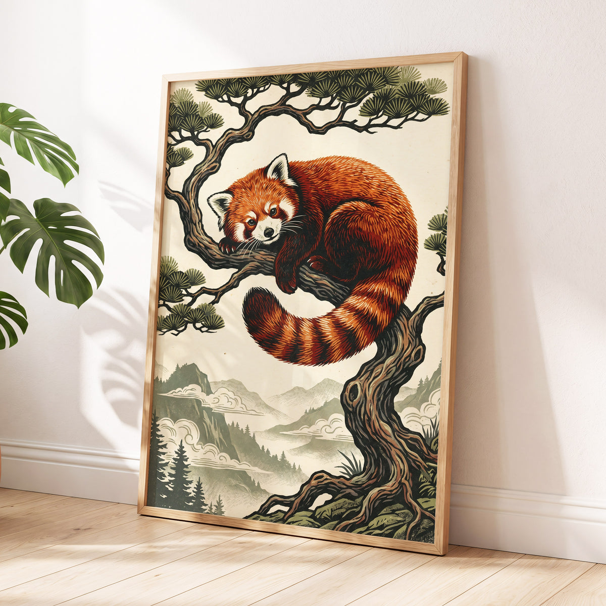 Pine Perch Panda, orange, black, beige nature wall art displayed in a styled interior, gallery view 2