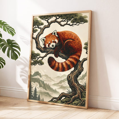 Pine Perch Panda, orange, black, beige nature wall art displayed in a styled interior, gallery view 2