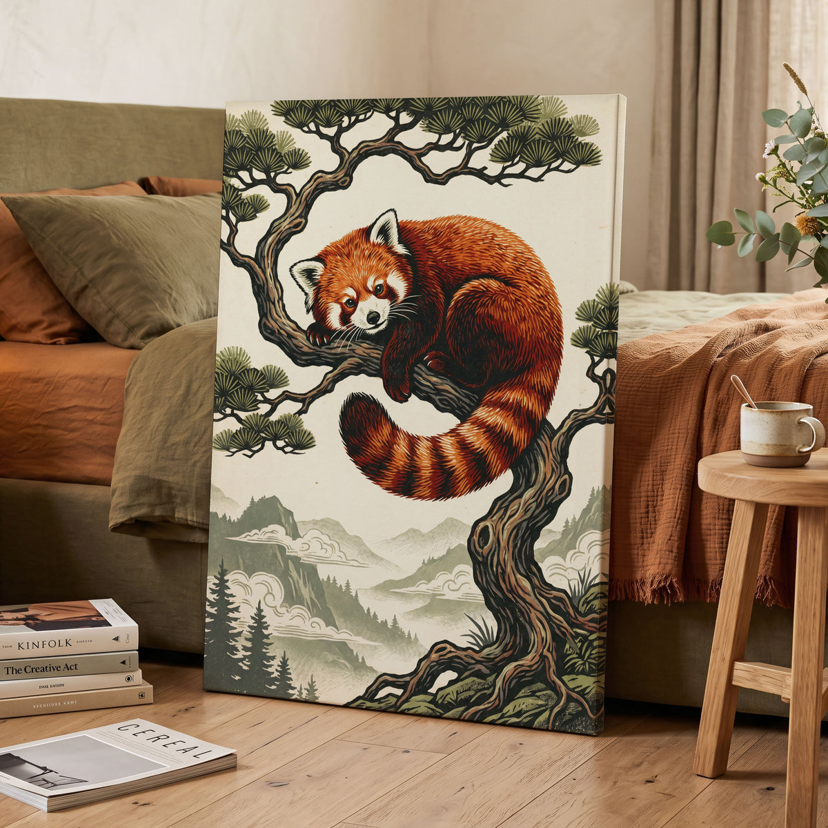 Pine Perch Panda, orange, black, beige nature wall art displayed in a styled interior, gallery view 3