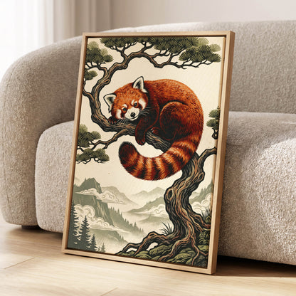 Pine Perch Panda, orange, black, beige nature wall art displayed in a styled interior, gallery view 4