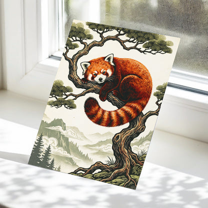 Pine Perch Panda, orange, black, beige nature wall art displayed in a styled interior, gallery view 5