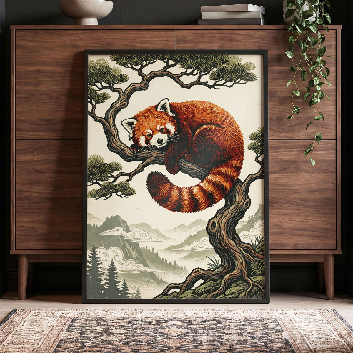 Pine Perch Panda, orange, black, beige nature wall art displayed in a styled interior, gallery view 6