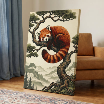 Pine Perch Panda, orange, black, beige nature wall art displayed in a styled interior, gallery view 7