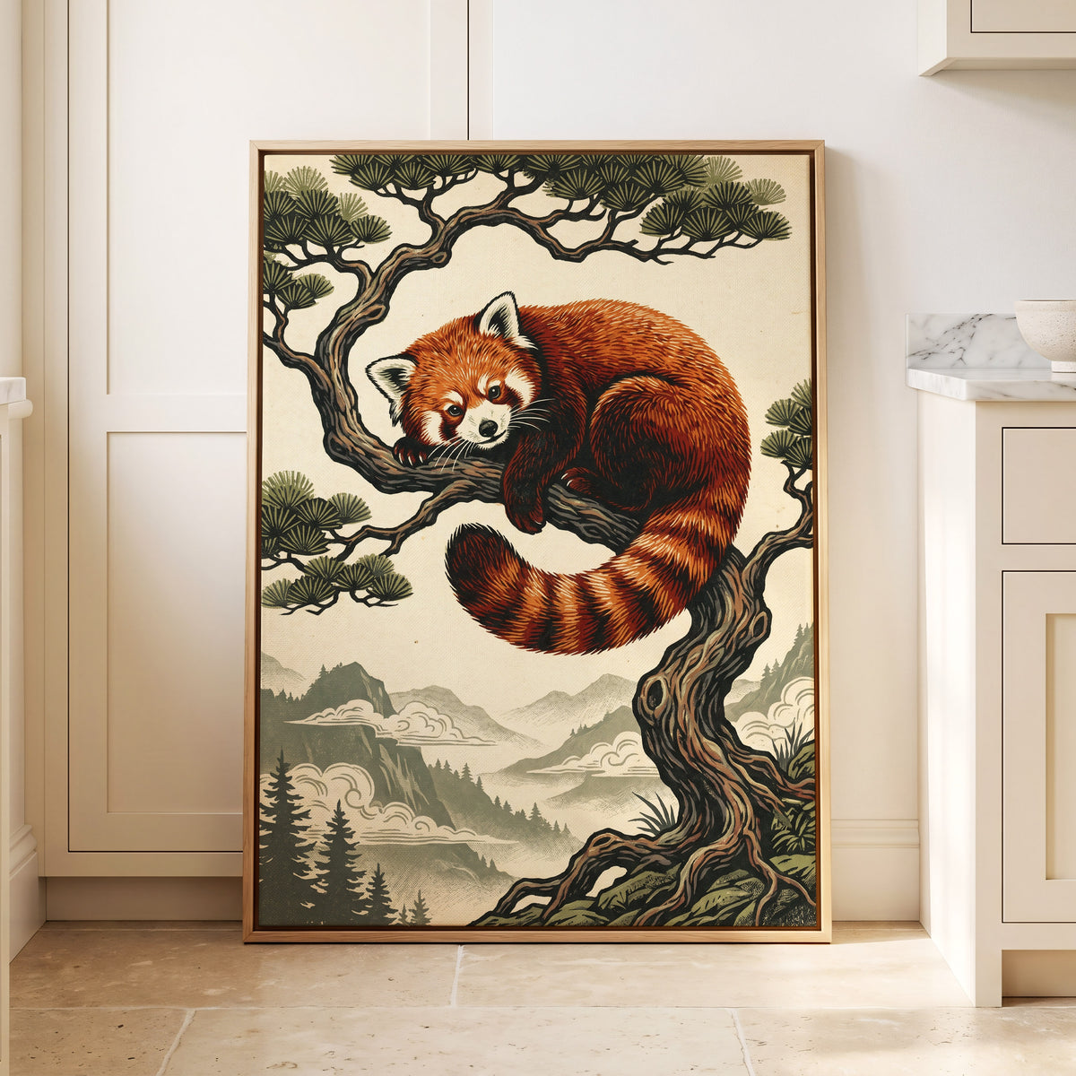 Pine Perch Panda, orange, black, beige nature wall art displayed in a styled interior, gallery view 8