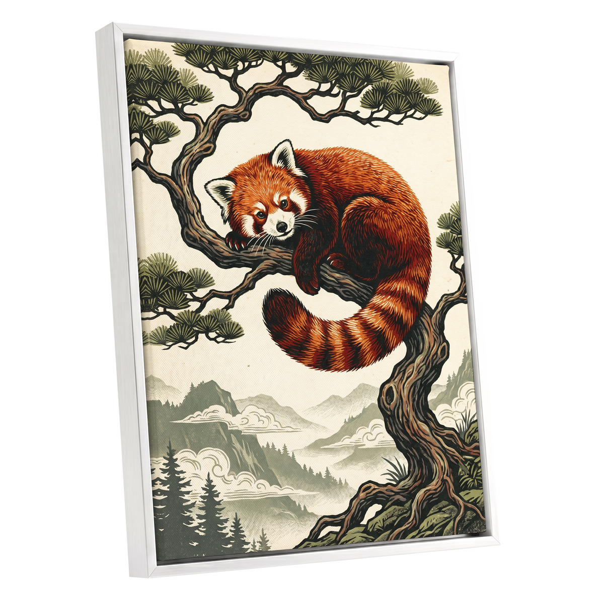 Pine Perch Panda, orange, black, beige nature wall art shown as a white framed canvas wall art