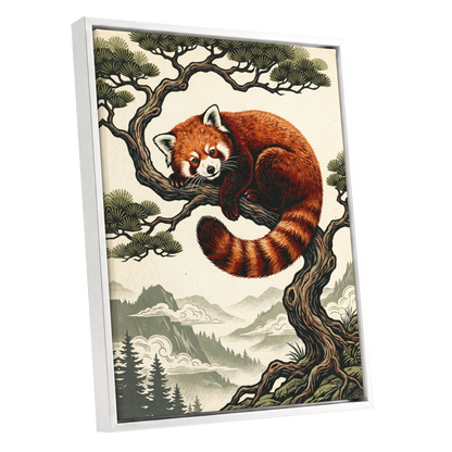 Pine Perch Panda, orange, black, beige nature wall art shown as a white framed canvas wall art