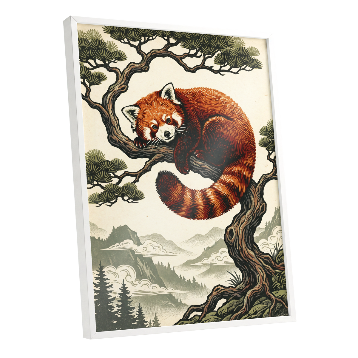 Pine Perch Panda, orange, black, beige nature wall art shown as a white framed poster wall art print