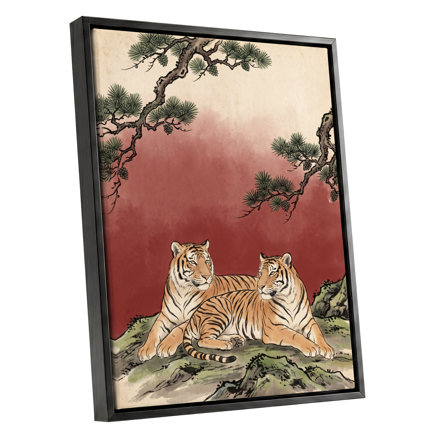 Pinebound Tigers, black, green, beige nature wall art shown as a black framed canvas wall art
