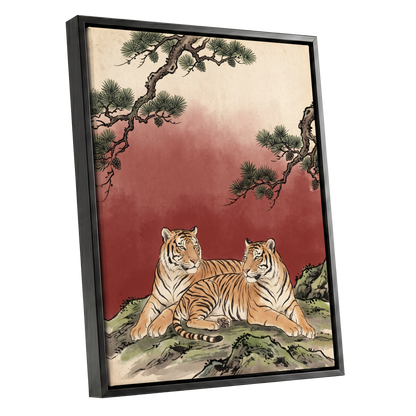 Pinebound Tigers, black, green, beige nature wall art shown as a black framed canvas wall art