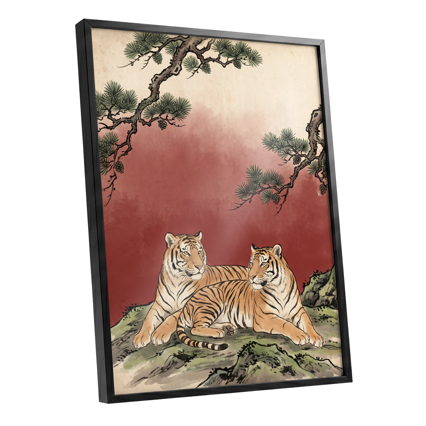 Pinebound Tigers, black, green, beige nature wall art shown as a black framed poster wall art print