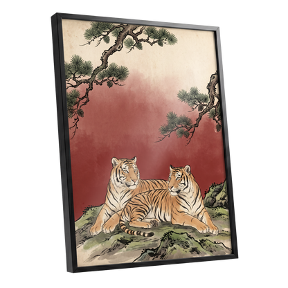 Pinebound Tigers, black, green, beige nature wall art shown as a black framed poster wall art print